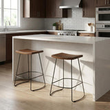 Set of Two 25" Chestnut And Black Solid Wood And Steel Backless Counter Height Bar Chairs