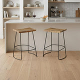 Set of Two 25" Natural And Black Solid Wood And Steel Backless Counter Height Bar Chairs