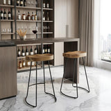 Set of Two 25" Natural And Black Solid Wood And Steel Backless Counter Height Bar Chairs