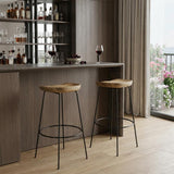 Set of Two 31" Natural And Black Solid Wood And Steel Backless Bar Height Bar Chairs