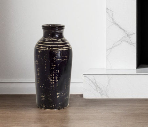 18" Black and Ivory Striped Urn Ceramic Floor Vase