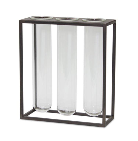 9" Clear And Brown Cylinder Metal Table Vase