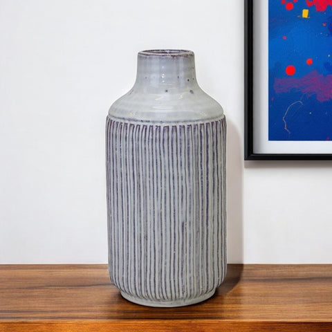 12" White and Brown Ribbed Cylinder Terracotta Table Vase