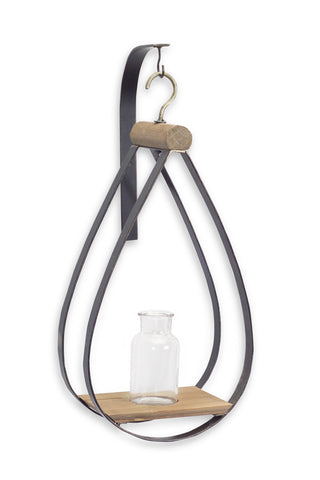 Set of Two Black Brown And Clear Cylinder Glass Metal And Wood Wall Vase