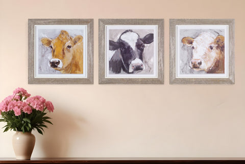 Set of Three Brown Cow Wood Square Framed Art