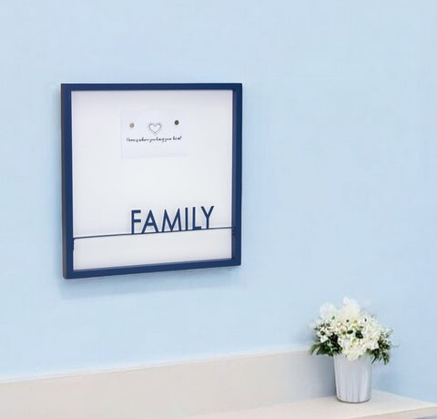 16" X 16" Blue And White Family Wood and Metal Square Magnetic Memo Board
