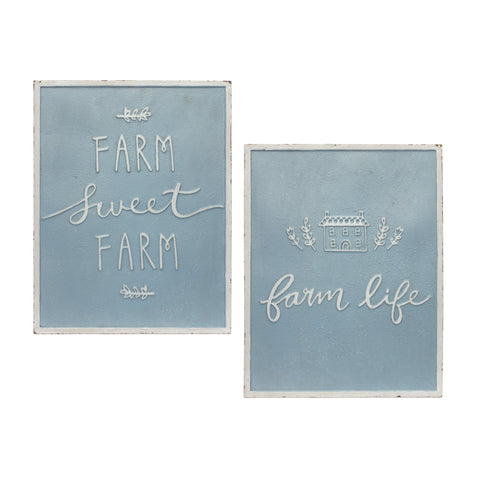 Set of Two Blue And White Farm Sweet Farm Metal Wall Decor