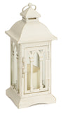 Set of Two Ivory Distressed Ornate Metal And Glass Tabletop Lantern Candle Holders With Candle