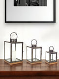 Set of Three Gray And Brown Distressed Geometric Glass Metal And Wood Floor Lantern Candle Holders