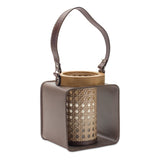 7" Natural And Brown Distressed Lattice Iron And Wood Tabletop Lantern Candle Holder