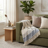 60" X 50" Blue and Off White Woven Cotton Striped Throw Blanket with Fringe