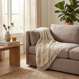 60" X 50" Beige Woven Cotton Striped Throw Blanket with Fringe
