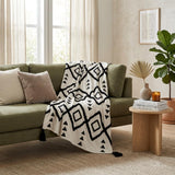 60" X 50" Black and White Woven Cotton Geometric Throw Blanket with Tassels