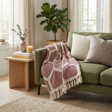 60" X 50" Red Woven Cotton Geometric Throw Blanket with Fringe