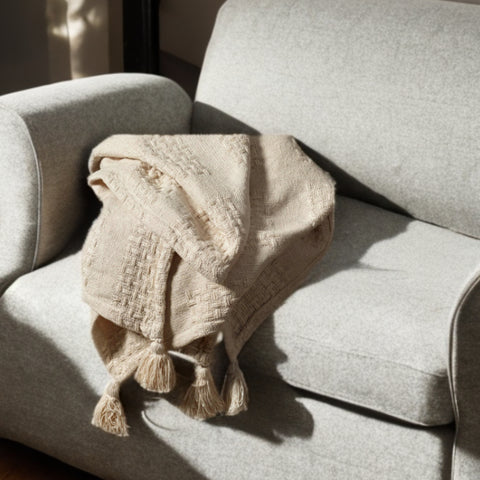 50" X 60" Cream Cotton Woven Throw Blanket with Tassels