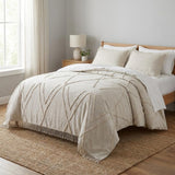 Ivory Geometric King Cotton Coverlet With Fringe