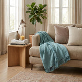 60" X 50" Blue Woven Cotton Throw Blanket with Fringe