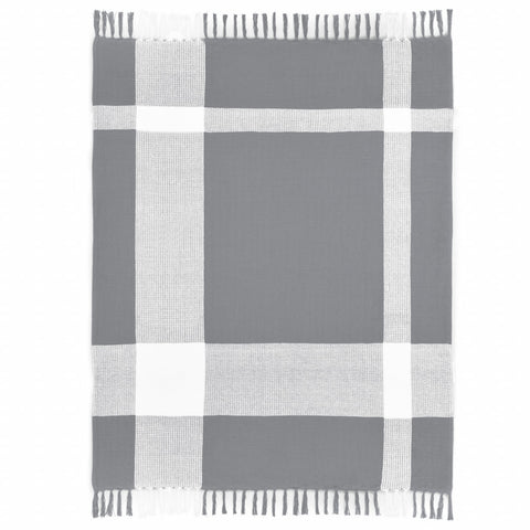 50" X 60" Gray Woven Cotton Checkered Throw Blanket with Fringe