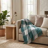 50" X 60" Green Woven Cotton Checkered Throw Blanket with Fringe