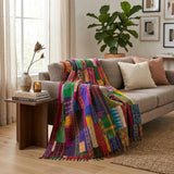 70" X 50" Blue and Green Kantha Silk Patchwork Throw Blanket with Embroidery