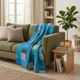 70" X 50" Blue Kantha Silk Patchwork Throw Blanket with Embroidery
