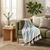 50" X 60" Blue and White Woven Cotton Striped Throw Blanket with Tassels