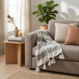 50" X 60" Gray and White Woven Cotton Striped Throw Blanket with Tassels
