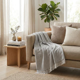 50" X 60" Gray and White Woven Cotton Geometric Throw Blanket with Fringe