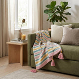 60" X 50" Blue and Pink Woven Cotton Striped Throw Blanket with Tassels