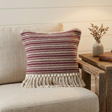 20" Maroon And Tan Cotton Striped Throw Pillow with Fringe