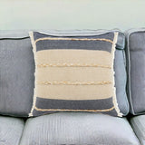 24" Denim Blue And Taupe Jute Coastal Throw Pillow with Fringe