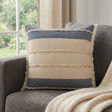 24" Denim Blue And Taupe Jute Coastal Throw Pillow with Fringe