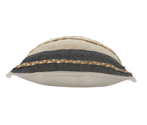 24" Black And Tan Striped Cotton And Jute Throw Pillow with Fringe