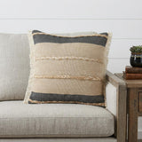 24" Black And Tan Striped Cotton And Jute Throw Pillow with Fringe
