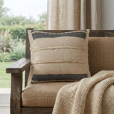 20" X 20" Beige And Ivory Jute Striped Zippered Pillow With Fringe