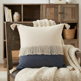 20" X 20" Denim Blue And Off-White 100% Cotton Zippered Pillow