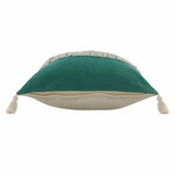20" Emerald And White Cotton Color Block Throw Pillow with Fringe And Tassels