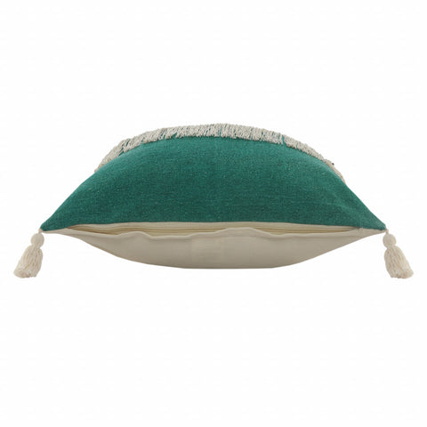 20" Emerald And White Cotton Color Block Throw Pillow with Fringe And Tassels