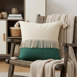 20" Emerald And White Cotton Color Block Throw Pillow with Fringe And Tassels