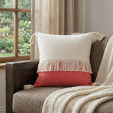 20" x 20" Red and Off White 100% Cotton Pillow With Tassels