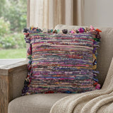 26" Blue And Red Weave Cotton Throw Pillow with Fringe