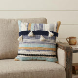 18" Blue and Beige Throw Pillow with Tassels