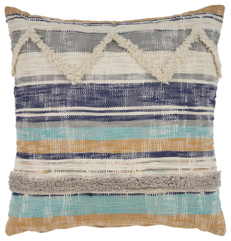 18" Beige Blue and Gray Throw Pillow