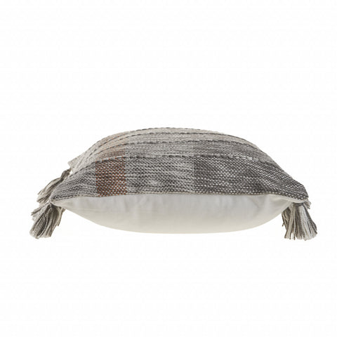 20" Gray And Light Brown Striped Throw Pillow with Tassels
