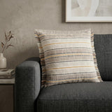 20" X 20" Taupe Gray Yellow And Navy 100% Cotton Striped Zippered Pillow