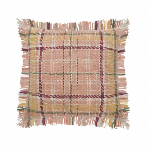 20" Pink And Yellow Cotton Plaid Throw Pillow with Fringe