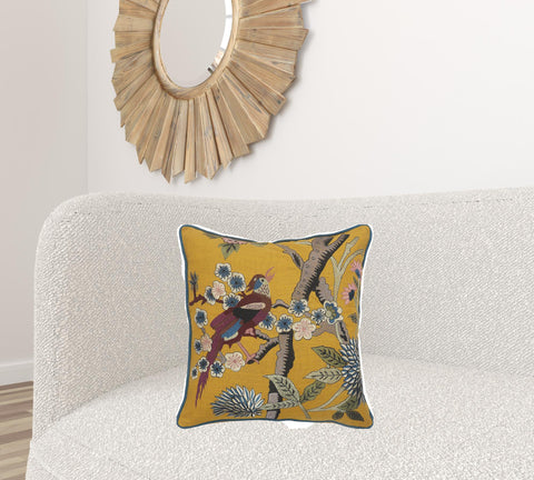 20" Yellow And Blue Bird Floral Throw Pillow with Embroidery