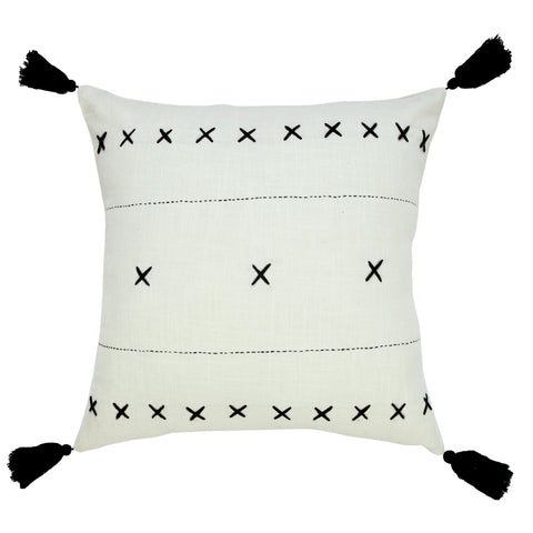 22" Blue And Natural Damask Cotton Throw Pillow