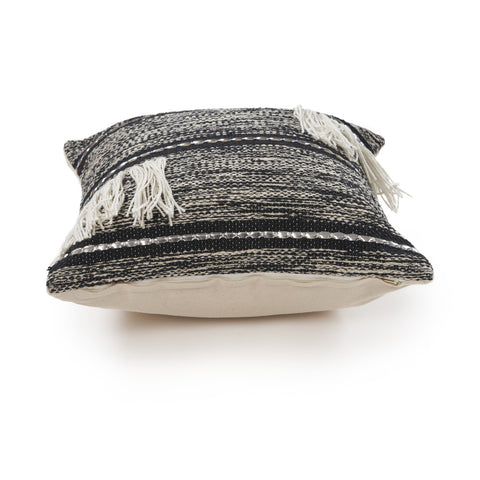18" Black and Off White Throw Pillow with Fringe