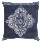 20" Dark Blue And White Cotton Medallion Throw Pillow